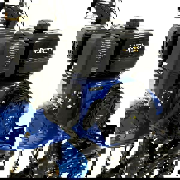 7.5hp petrol rotavator featuring a blue body, black engine cover, and sturdy metal frame, ideal for efficient soil tilling