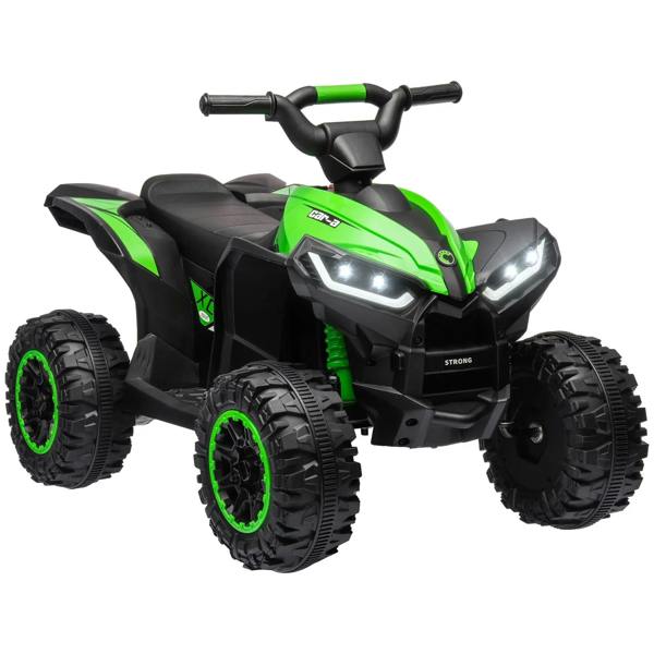 Green 12V ride-on quad bike with LED headlights, black seat and four rugged wheels