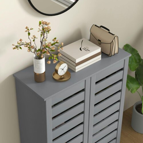 Wyld Haus Zifa Wooden Grey Slim Shoe Cabinet With 5 Tier Storage And Slatted Doors