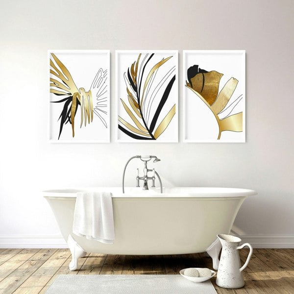 Bathroom wall art uk | set of 3 Tropical Gold wall art