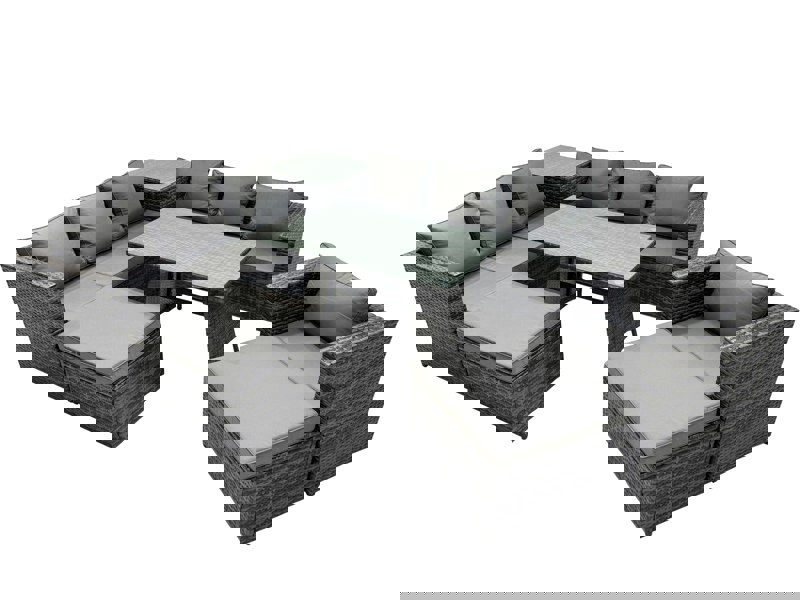 Fimous Outdoor Corner Sofa Chair Dining Table Set Garden Rattan Furniture Set 9 Seater with Side Table 2 Big Stool Dark Grey