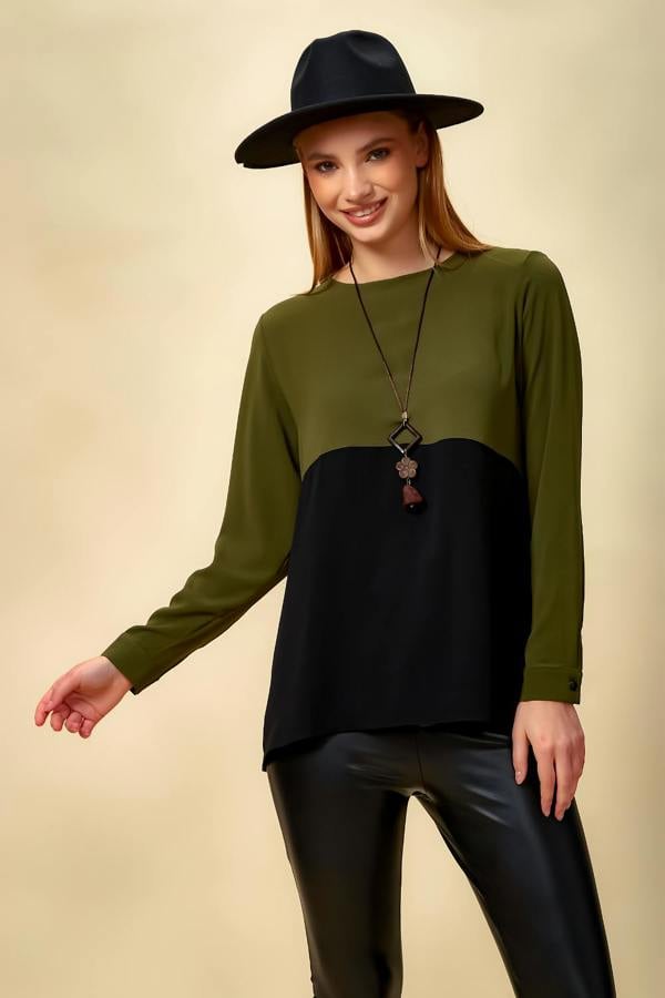 Hoxton Gal Colour Block Blouse in Khaki and Black