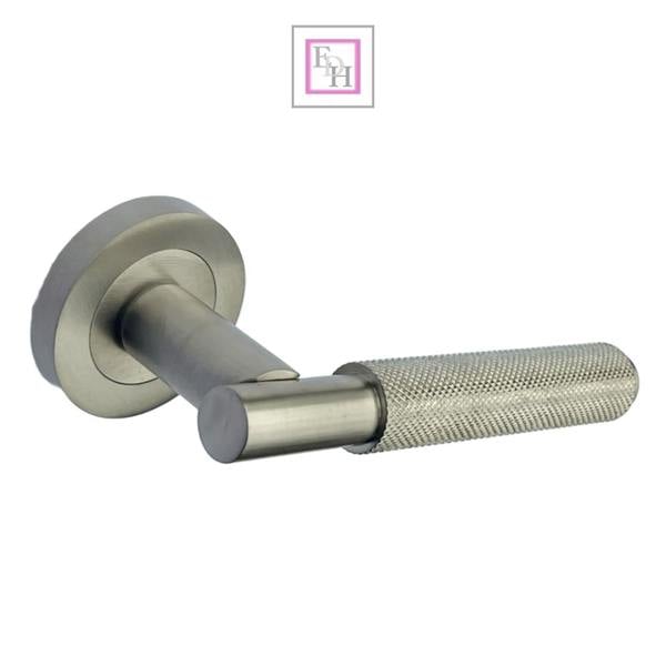 EDH Door Hardware Satin Nickel Knurled Door Handles on Round Rose – Modern Internal Lever Handle
