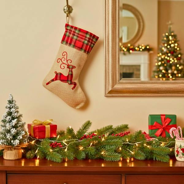 Large Christmas Stocking Reindeer Print Hessian Hanging Sack for Festive Home Decorations image 9