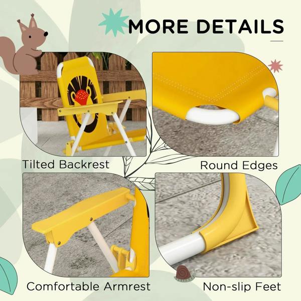 Lion-themed kids chairs with tilted backrest, round edges, and non-slip feet
