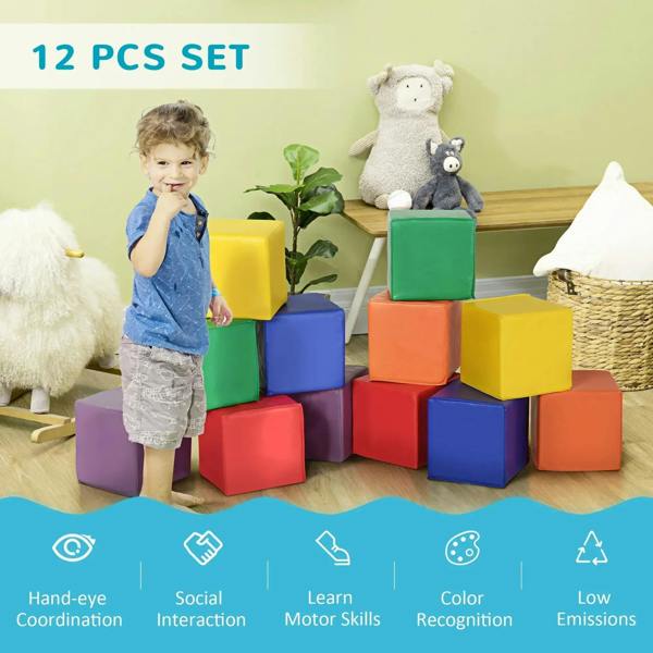 12-piece soft foam cube blocks set with multicolor stacks