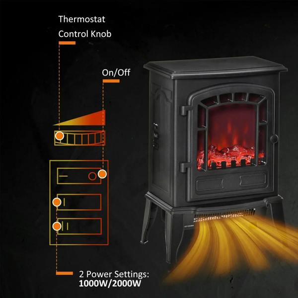 Black electric fireplace stove with thermostat control knob and front on/off switch