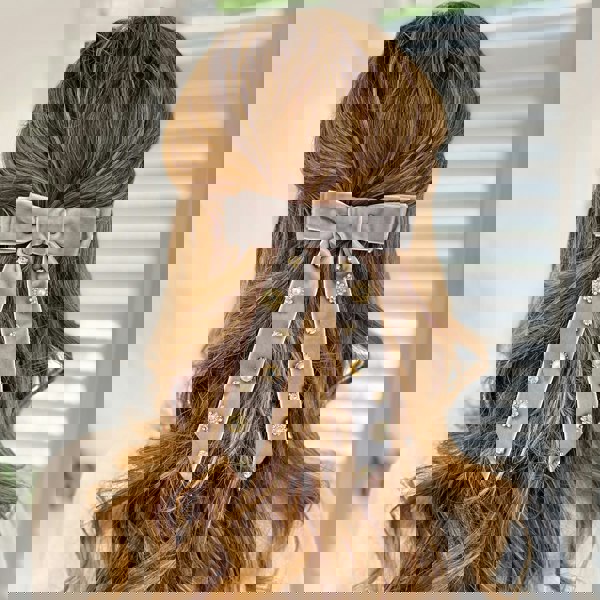 Velvet Bow Hair Clip in Grey with Jewels Hair Down