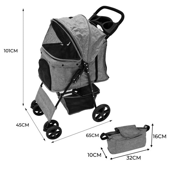 Monstershop Pet Stroller with Rain Cover & Caddy Bag - Woven Grey