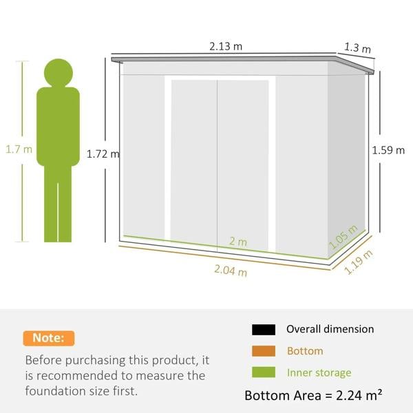 Grey garden shed size diagram with overall, height, and footprint measurements