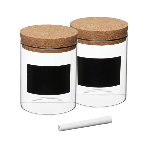 KitchenCraft Natural Elements Small Storage Canisters, Set of 2 Glass Storage Jars with Cork Lids and Chalkboard Labels, Clear, 700ml