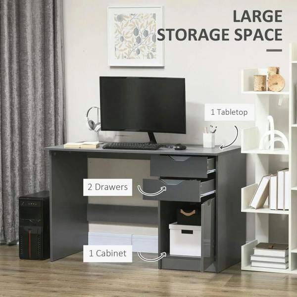 Grey computer desk with tabletop, open compartment, drawers, and cabinet storage