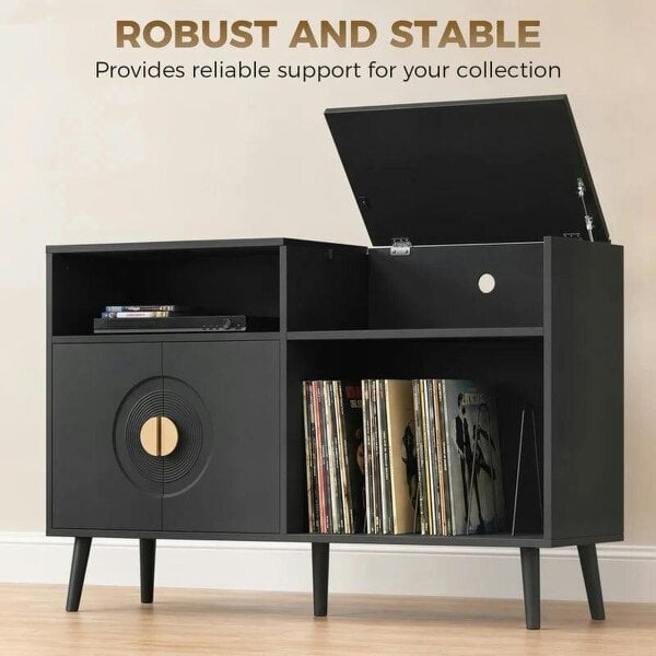Bobobiy Record Player Stand, Vinyl Record Holder with Storage Holds Up to 300 Albums with Flip-Top Compartment, Black