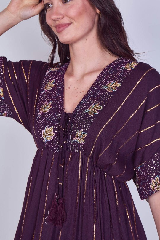 Boho Sequin leaf Embroidered Maxi Dress