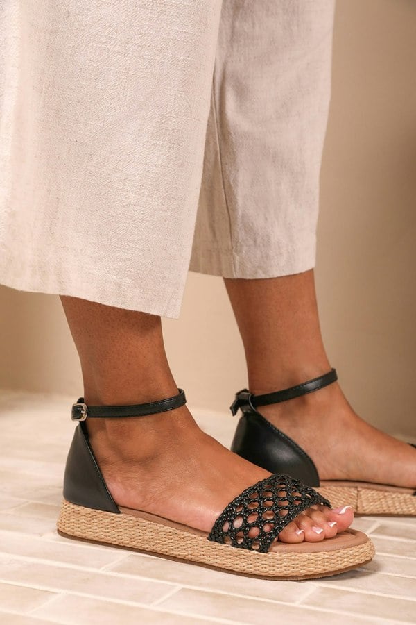 Where's That From Shia Braided Strap Espadrille Flatform  With Buckle Ankle Strap in Black Faux Leather