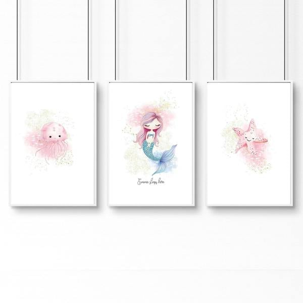 Mermaid Decorations Bedroom | Set of 3 wall art prints