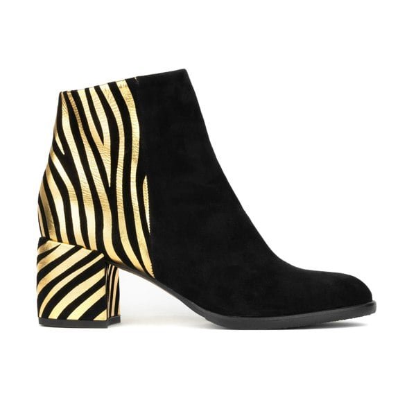 Embassy London Impala - Black & Gold - Women's Suede Ankle Boot with Block Heel & Gold Foil Zebra Stripes