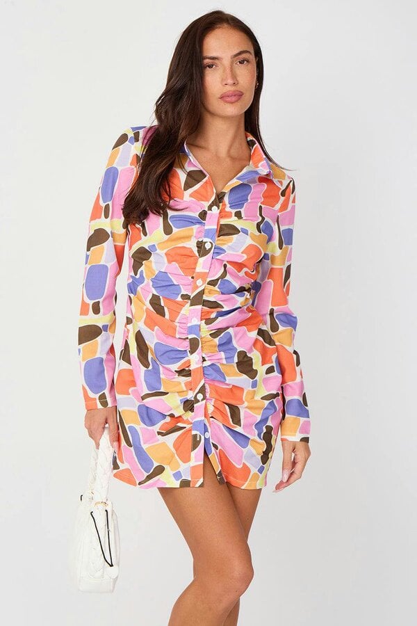Multicolour Ruched Shirt Dress – Long Sleeve Button Front