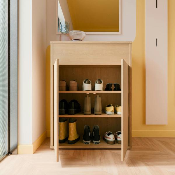 Furniture To Go Alice Springs Shoe Cabinet with 2 Doors Push-to-Open & 1 Drawer Push-to-Open in Elegancia Oak