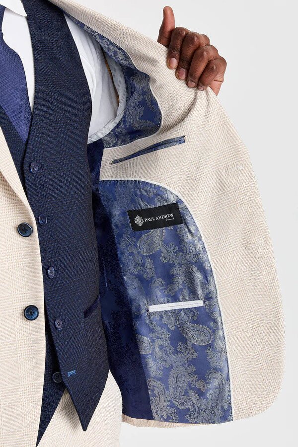 Paul Andrew Regent Cream Check Suit with Regent Navy Waistcoat