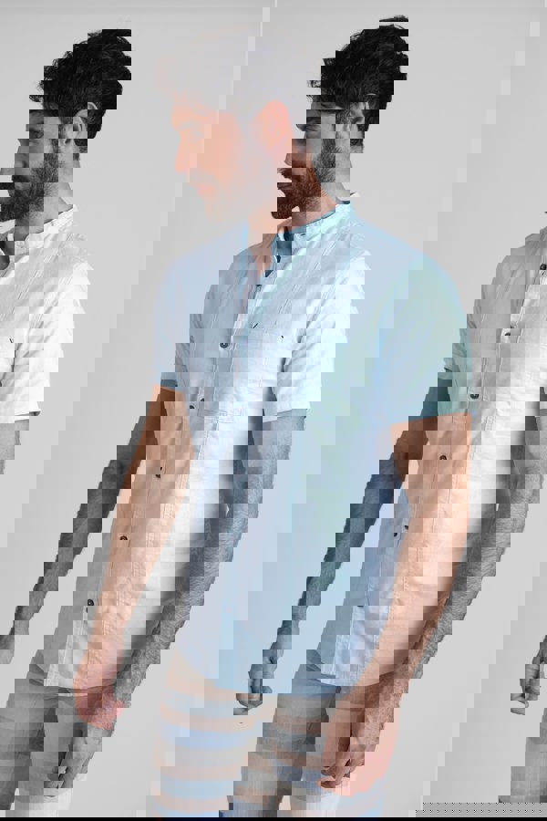 ENORSIA Sky Blue Cotton Linen Grandad Collar Shirt