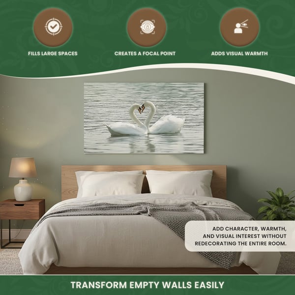 Large Swans Canvas Print, Romantic Water Scene of Two Swans Touching, 100 x 60 cm, Stretched Canvas on Wooden Frame