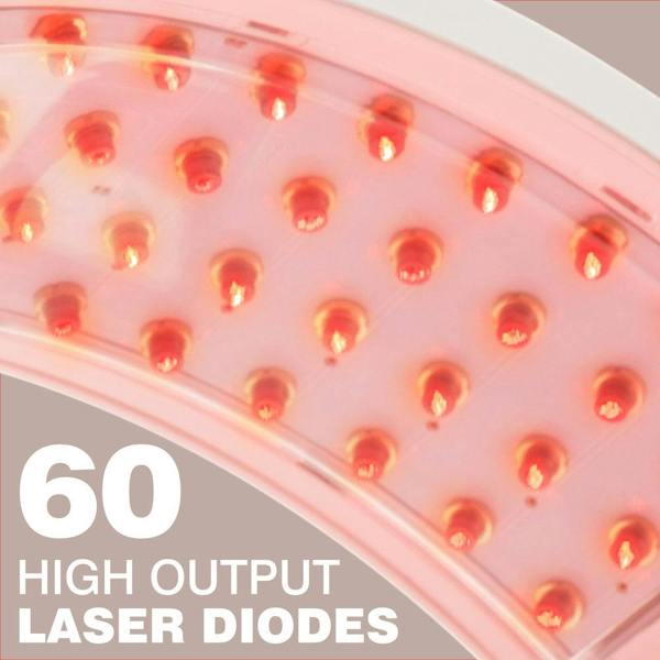 Close-up of the Rio HairGrow Laser Head Band with a curved design and glowing red lights, featuring "60 High Output Laser Diodes" in bold white text at the bottom left—ideal for red light therapy and hair regrowth.
