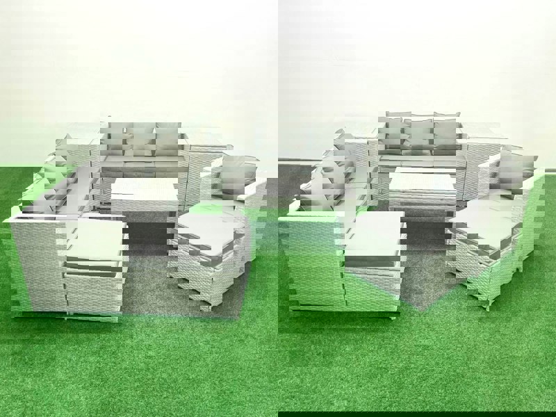 Fimous Wicker PE Rattan Sofa Garden Furniture Set with Oblong Coffee Table Armchair 2 Big Footstools 2 Side Tables Light Grey Mixed