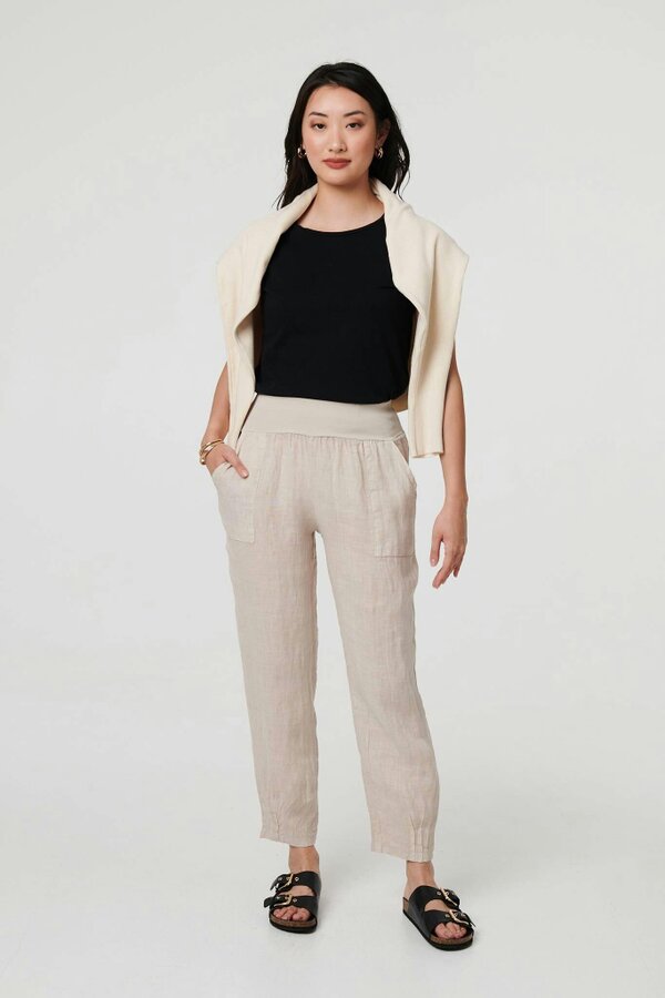Izabel London Relaxed Linen Blend Tapered Trousers - Linen