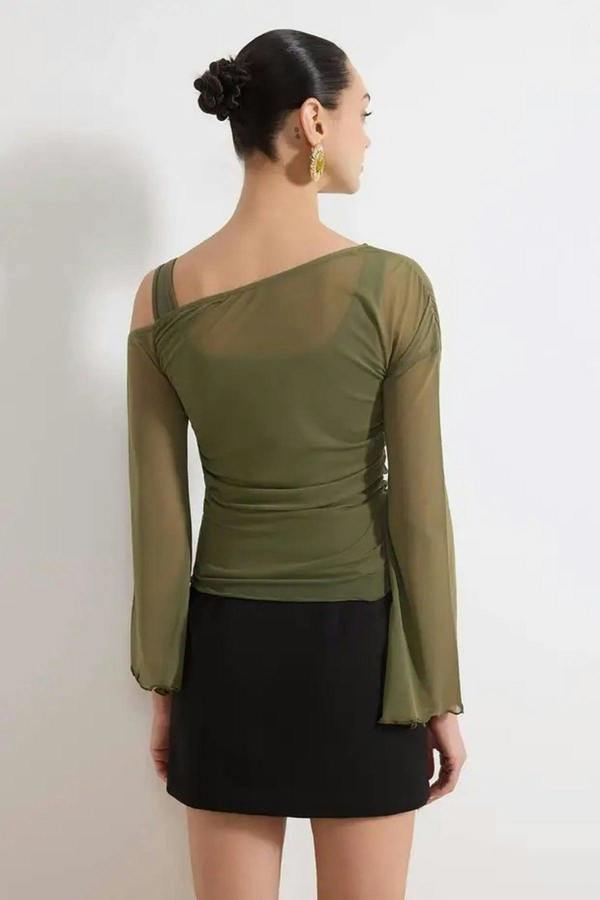 WOVCOR Fitted Asymmetric Neck Long Sleeve Ruched Mesh Blouse