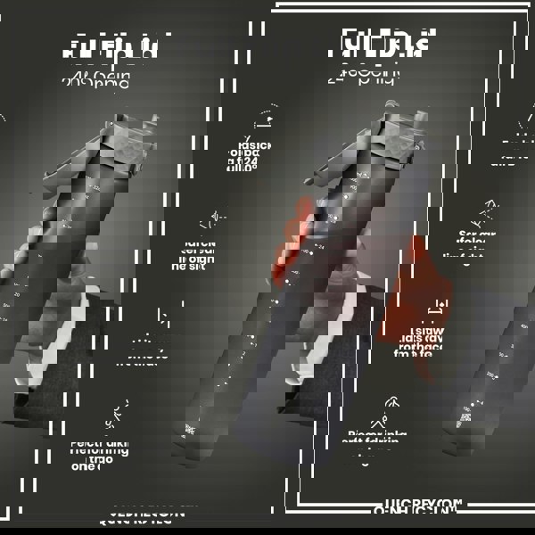 A dark-gray water bottle with a 240° opening lid is held by a hand. The bottle features volume markings in milliliters and ounces. The background is a dark gray.