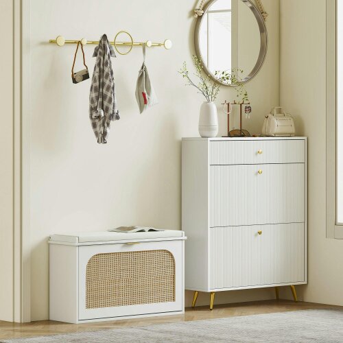 Wyld Haus Kekami Wooden White Boho Style Shoe Bench With Cushioned Seat And Flip Drawer