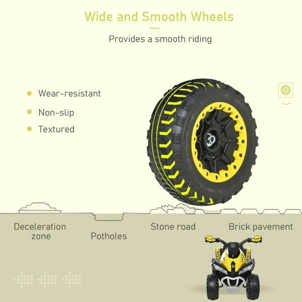 Close-up of yellow-trim ride-on car wheels with textured black tires