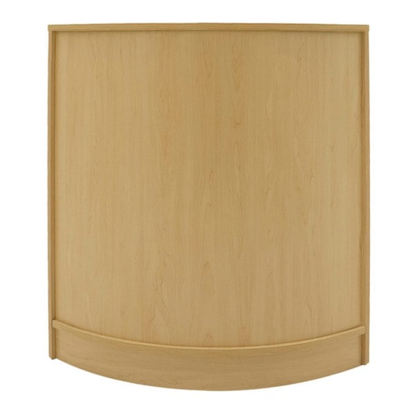 Curved maple shop counter set featuring a smooth, light wood finish, ideal for retail displays and customer service areas