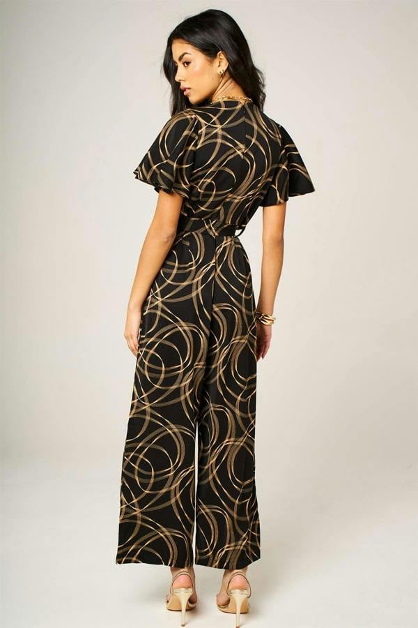 FS Collection Abstract Line Print Wrap Top Jumpsuit In Black