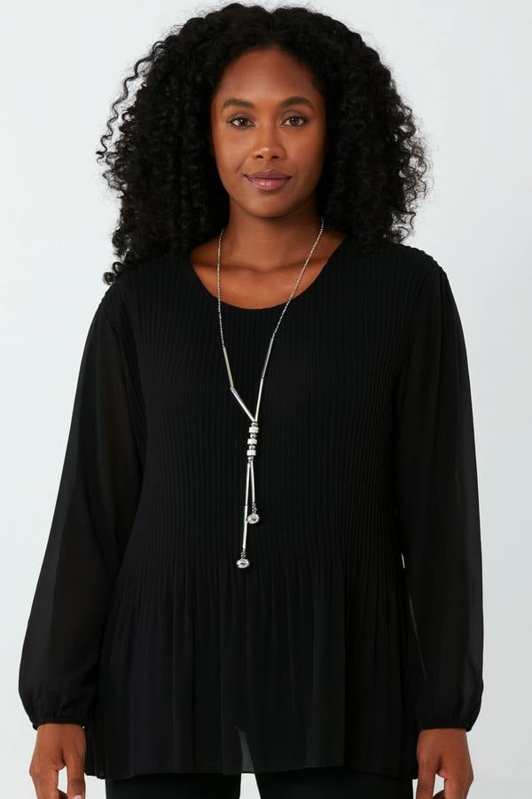 Hoxton Gal Oversized Long Sleeves Pleated Top with Tulle Details in Black with Necklace