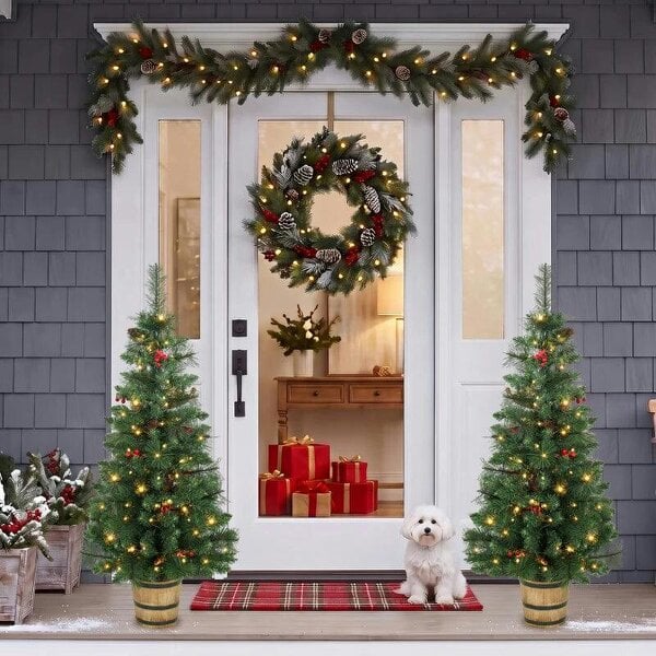 Bobobiy 2 PCs Prelit Christmas Trees with Dual-Colour LEDs, Berry, Pinecones, Battery-Operated, 11 Modes, Pot, Remote, 4ft