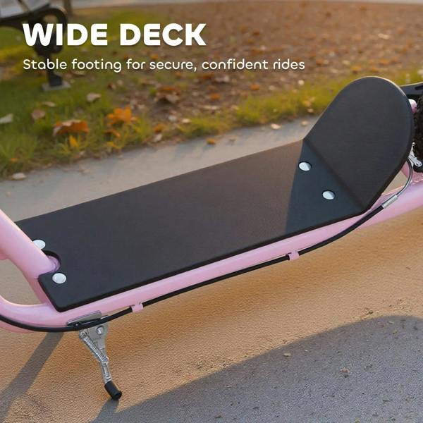 Pink kids kick scooter wide black deck and kickstand, side view