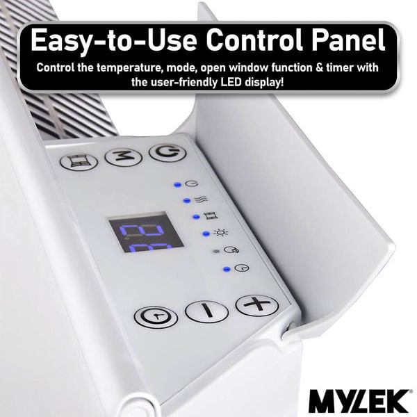 MYLEK Wall Mounted Slimline White Panel Heater 2000w Daily and Weekly Timer, Digital Thermostat