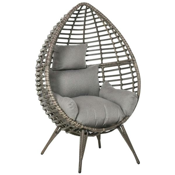 Grey wicker egg chair with thick cushions and four slanted legs