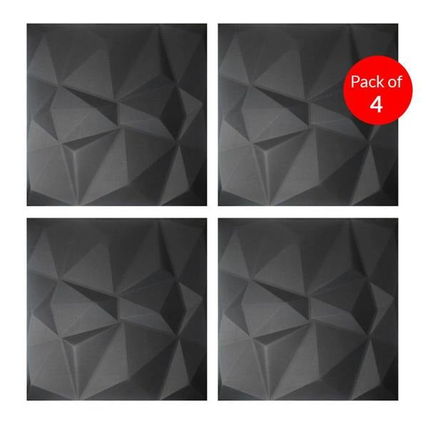 ENER-J Elegant 3D Diamond-Embossed Black PU Leather Wall Panels - 25mm Thickness, Size: 600 x 600 mm (Pack of 4)