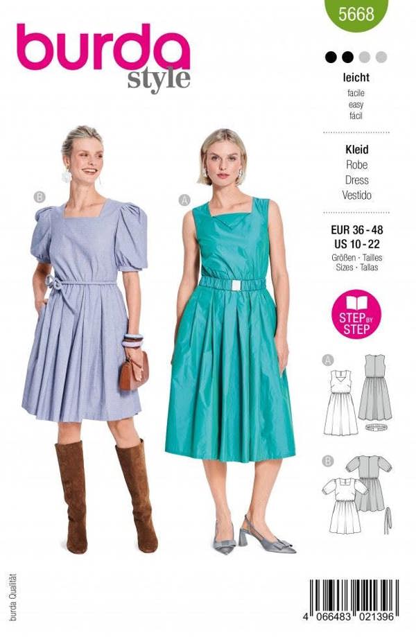 Burda Sewing Pattern 5668 Dresses and Belts For Women, 10 to 22 - Easy