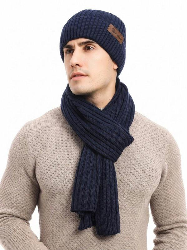 Anniou Men’s Knitted Hat Scarf Gloves Set - Navy Blue