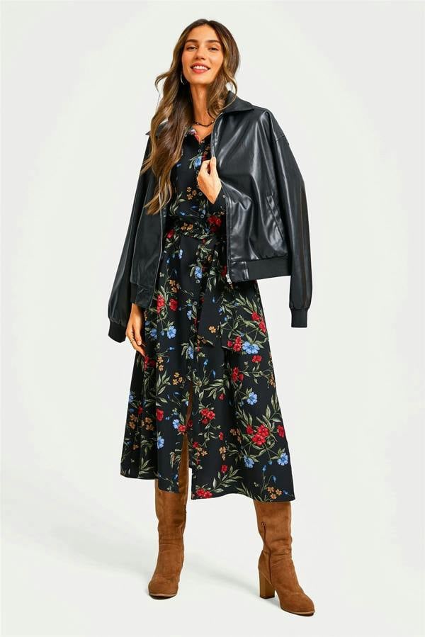 FS Collection Black Floral Print Shirt Midi Dress With Tie Waist + Gold Stretch Leaf Belt