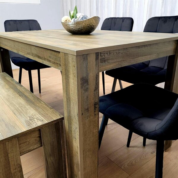 Kosy Koala Modern Rustic Effect Dining Table Set with 4 Black Velvet Chairs and Bench - Kitchen Dining Furniture