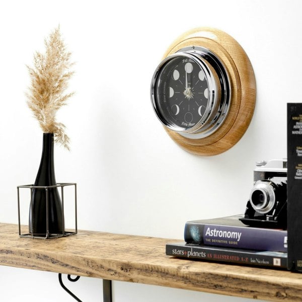 Tabic Handmade Prestige Moon Phase Clock in Chrome on an English Light Oak Wall Mount