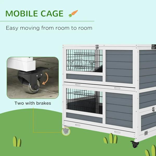 Grey double-decker small animal cage on caster wheels with locking brake wheels
