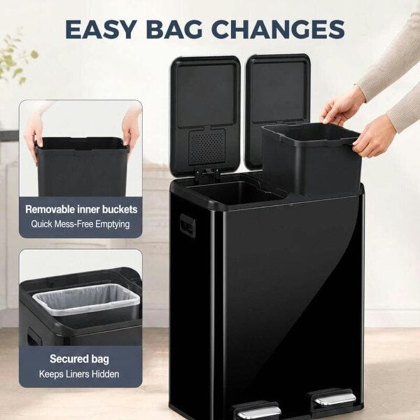 2 x 30L Double Kitchen Bin, Stainless Steel Pedal Rubbish Bin with Dual Compartments, Soft Close Lids, High Gloss Black
