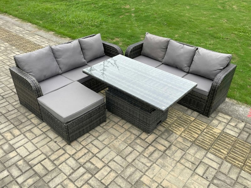 Fimous Outdoor Rattan Garden Furniture Sets Height Adjustable Rising lifting Dining Table Sofa Set with Big Footstool Dark Grey Mixed
