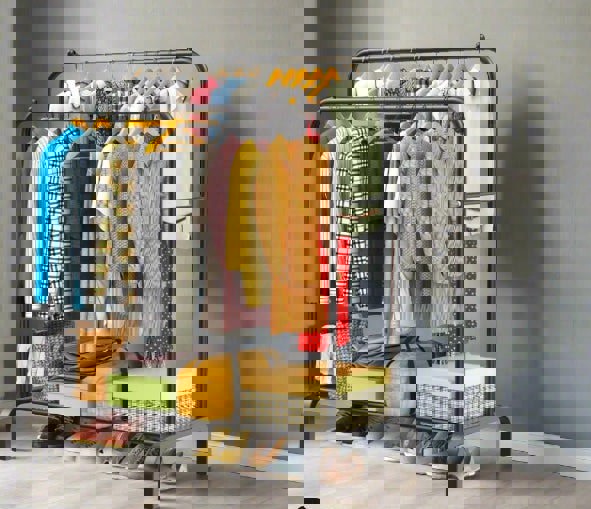 Modcraft Heavy Duty Double Rail Clothes Rack – Steel Garment Hanging Stand with Shelf, 110cm Black Display Rail